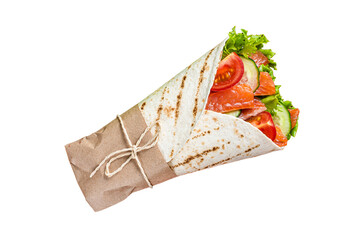 Wrap roll sandwich with fish salmon and vegetables.  Isolated, transparent background.