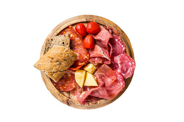 Cold meat plate, charcuterie traditional Spanish tapas on a wooden board.  Isolated, transparent...