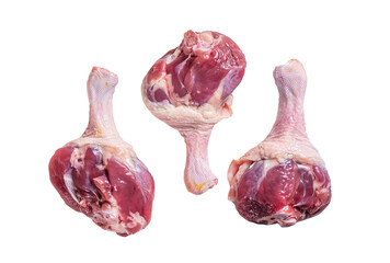 Raw Duck legs drumsticks on butcher table.  Isolated, transparent background.
