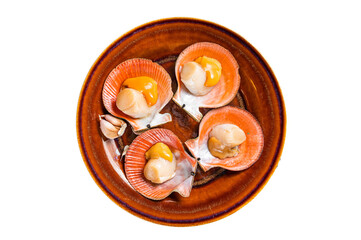 Fototapeta na wymiar Shellfish raw Scallops on a rustic plate with thyme. Isolated, transparent background.