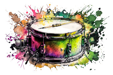 Colorful Isolated Single Drum Neon Watercolor - Generative AI - obrazy, fototapety, plakaty