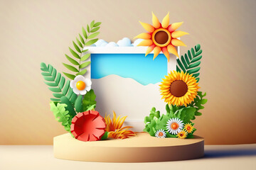 Summer podium product screen on beach background. Generative AI illustration.