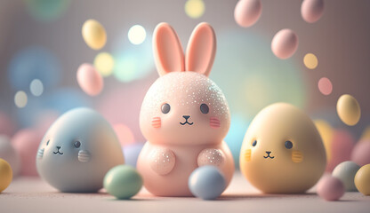 Kawaii easter bunny with easter eggs created with Generative AI