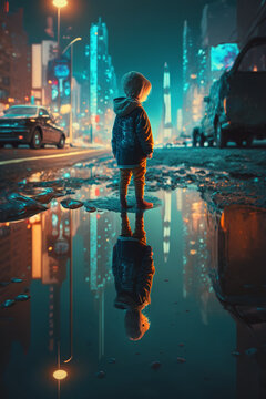 Kid In The Night City, Kid In The City, Kid In A Puddle, City Night, City Of Lights, Big City, Skyscraper