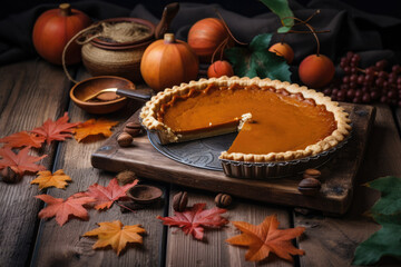 Homemade pumpkin pie with autumn leaves on rustic background