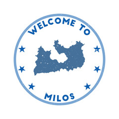 Welcome to Milos stamp. Grunge island round stamp with texture in Wing Commander color theme. Vintage style geometric Milos seal. Modern vector illustration.