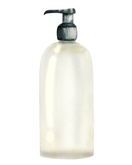 Watercolor transparent bottle dispenser with pump for cosmetic cream, liquid soap, sanitizer isolated on white