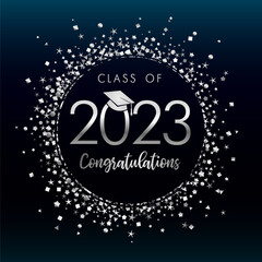 Class of 2023 Congratulations on a black circle with silver glitter confetti. Graduate of 2023 with square academic cap, elegant lettering on dark blue background. Vector illustration