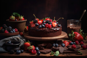 Fototapeta na wymiar Chocolate cake with berries on a plate created with AI 
