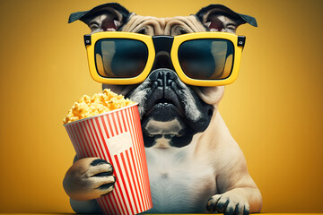 Dog in 3d glasses with popcorn, concept of cinema background, AI generated