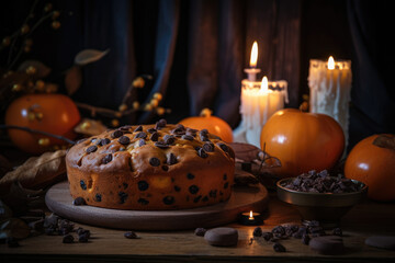 Chocolate Chip Pumpkin Cake with cinnamon, pumpkins and candles in background