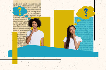 Composite collage picture of two questioned mini people contemplate pensive big book page text isolated on creative background