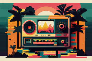 Fototapeta premium Flat retro design: Vintage music player and Miami musical mood | Generative AI Production