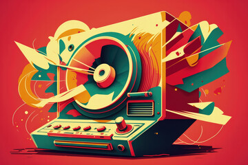 Obraz premium Flat retro design: Vintage music player and musical mood | Generative AI Production