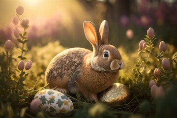 Easter rabbit bunny on a meadow with colorful easter eggs. generative ai