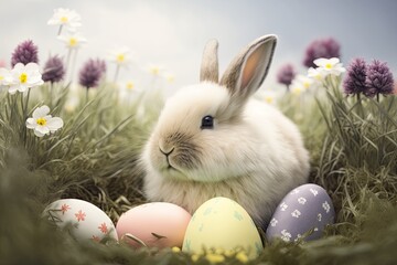 Easter rabbit bunny on a meadow with colorful easter eggs. generative ai