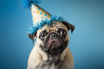 Sad pug dog in birthday hat, AI generated