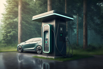 EV electric vehicle charging station concept, AI generated