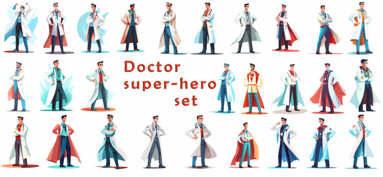 Set of illustrations of male Doctor super-hero in a medical uniform, National doctors day celebration. Vector isolated cartoon style drawing.