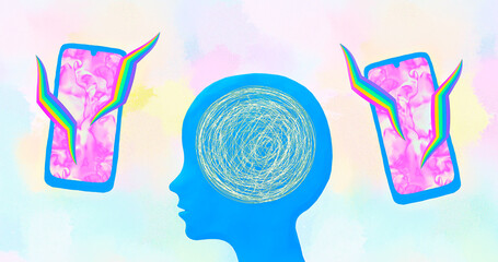 Modern photo collage art. Human addiction to gadgets, smartphones, concept