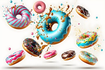 Flying colorful donuts on white background, AI generated