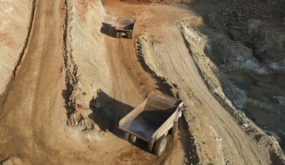 Dumpers working at a huge mining site, production of aggregates.