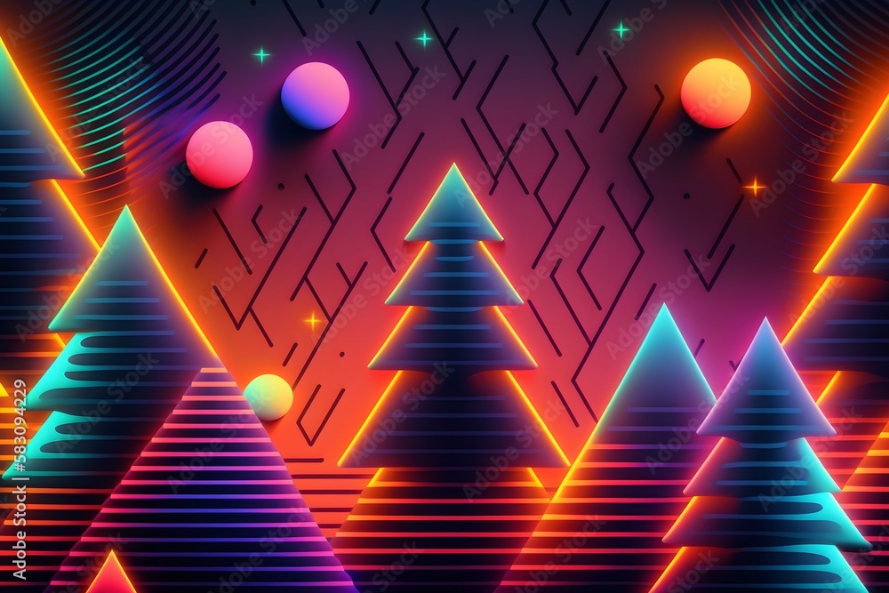 Wall mural abstract christmas neon colorful background in style of retro synthwave, ai generated