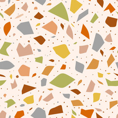 Terrazzo Tile Flooring venetian style with little pebbles seamless pattern in gray, brown, green and orange. For wallpaper, ceramic tiles and home decor.  