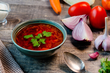 Borscht is a traditional dish of Ukrainian Russian Slavic cuisine, vegetable soup in meat broth