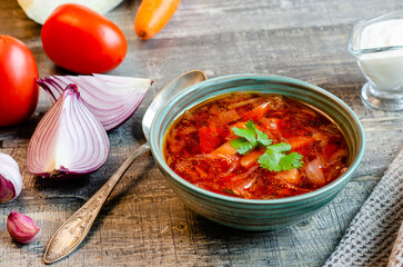 Borscht is a traditional dish of Ukrainian Russian Slavic cuisine, vegetable soup in meat broth