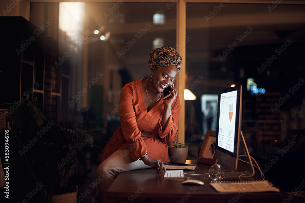 Aufkleber I just called to see if you can help me with something...a young businesswoman talking on a cellphone while using a computer in an office at night.