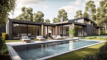 Fototapeta na wymiar Luxury H-Shaped Scandinavian House with Grey Ash Wood and Glass Design and Beautiful Garden, Pool and Decking.
