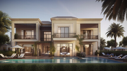 Fototapeta na wymiar Luxury villa architecture from outside, Dubai UAE. Illustration for inpiration or real estate advertisement.
