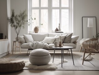 Stylish scandinavian living room with beautiful furniture and decor. Generative AI