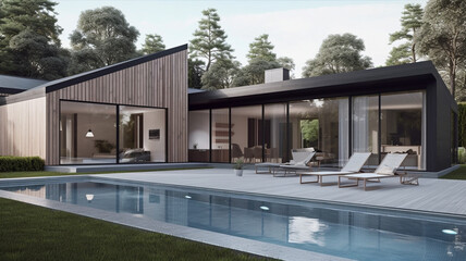 Luxury H-Shaped Scandinavian House with Grey Ash Wood and Glass Design and Beautiful Garden, Pool and Decking.