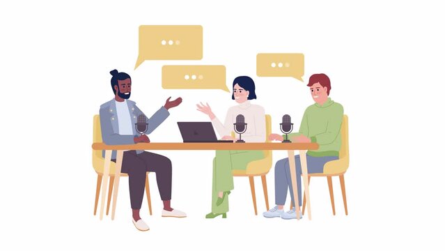 Animated three-person podcast setup. Hosts interviewing celebrity guest. Flat characters animation on white background with alpha channel transparency. Color cartoon style 4K video footage