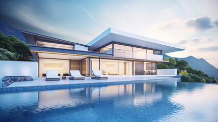 Luxury villa from outside with large pool. High class real estate. For inspiration or housing advertisement.