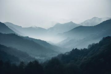 Misty landscape with mountains created with AI	
