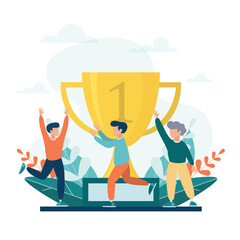 Employee recognition or proud employees of the month business concept flat design vector illustration. Young adults rejoice at the trophy.