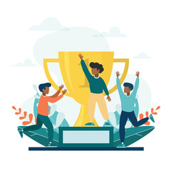 Employee recognition or proud employees of the month business concept flat design vector illustration. Young adults rejoice at the trophy.