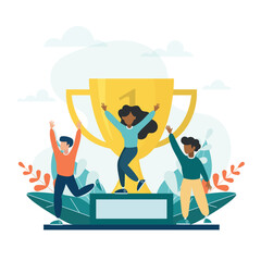 PrintEmployee recognition or proud employees of the month business concept flat design vector illustration. Young adults rejoice at the trophy.
