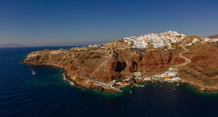 Aerial view of Oia and Ammoudi towns in Santorini Greece
