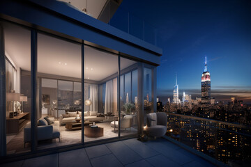 Luxury penthouse villa view from balcony with city skyline background.