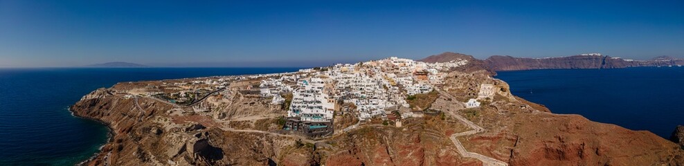 Drone view of Oia town city in Santorini greece