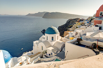 Church with a blue dome and sea view in Imerovigli town, Santorini Greece