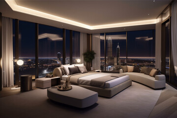 Luxury penthouse bedroom, high class real estate with skyline city view and large glass windows. - obrazy, fototapety, plakaty
