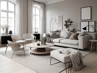Naklejka na ściany i meble Stylish scandinavian living room with beautiful furniture and decor. Generative AI