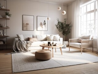 Fototapeta na wymiar Comfy scandinavian interior living room design with furniture and decorations. Generative AI