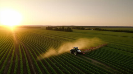 Farmer on a tractor spraying pesticides on a green soybean plantation at sunset, aerial drone view.. Farming industry. © Visual Studio