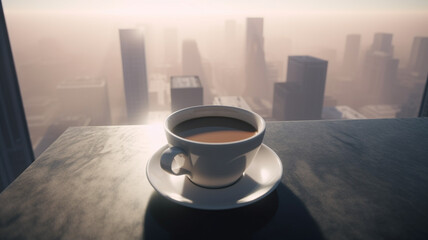 Hot coffee cup beverage at the top of a skyscraper building with city skylline background. Concept of inspiration goal setting and productivity.